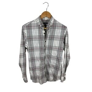 Club Room Flannel Button Down Mens Small Gray Red Plaid Long Sleeve Shirt‎
